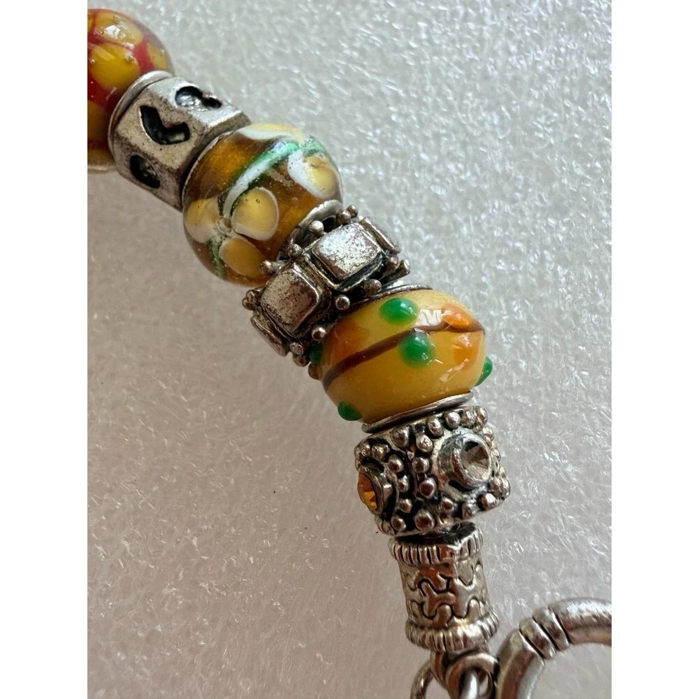 Artisan Murano Style Lampwork Glass & Silver Tone European Charm Toggle Bracelet